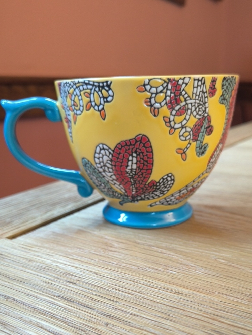 World Market Mosaic Floral Butterfly Ceramic Coffee Mug Pedestal 14oz Boho